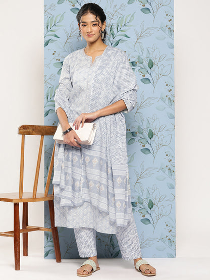 Grey Ethnic Embroidered Kurta With Palazzo And Dupatta