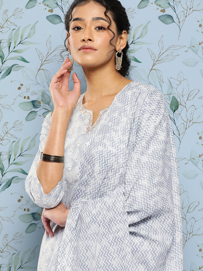 Grey Ethnic Embroidered Kurta With Palazzo And Dupatta