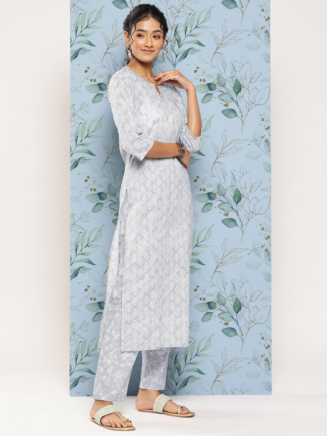 Grey Ethnic Embroidered Kurta With Palazzo And Dupatta