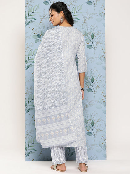 Grey Ethnic Embroidered Kurta With Palazzo And Dupatta