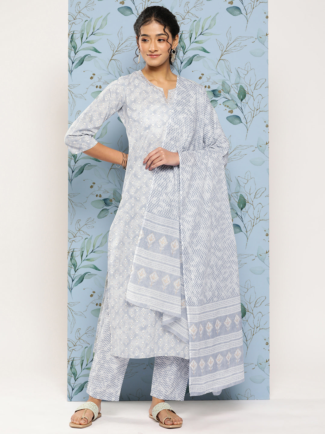 Grey Ethnic Embroidered Kurta With Palazzo And Dupatta
