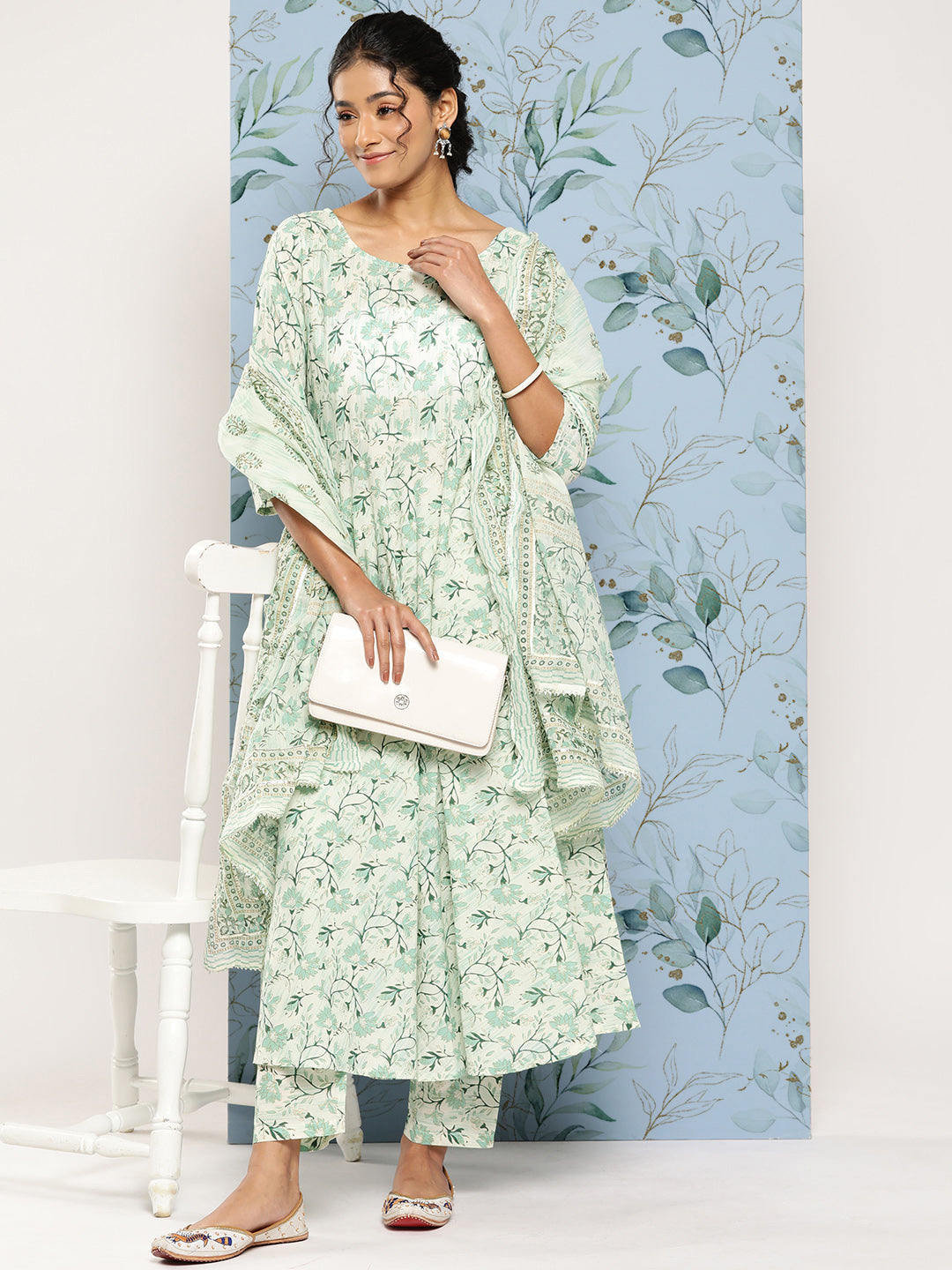 Green Printed Anarkali Kurta With Trouser And Dupatta