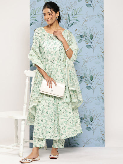 Green Printed Anarkali Kurta With Trouser And Dupatta