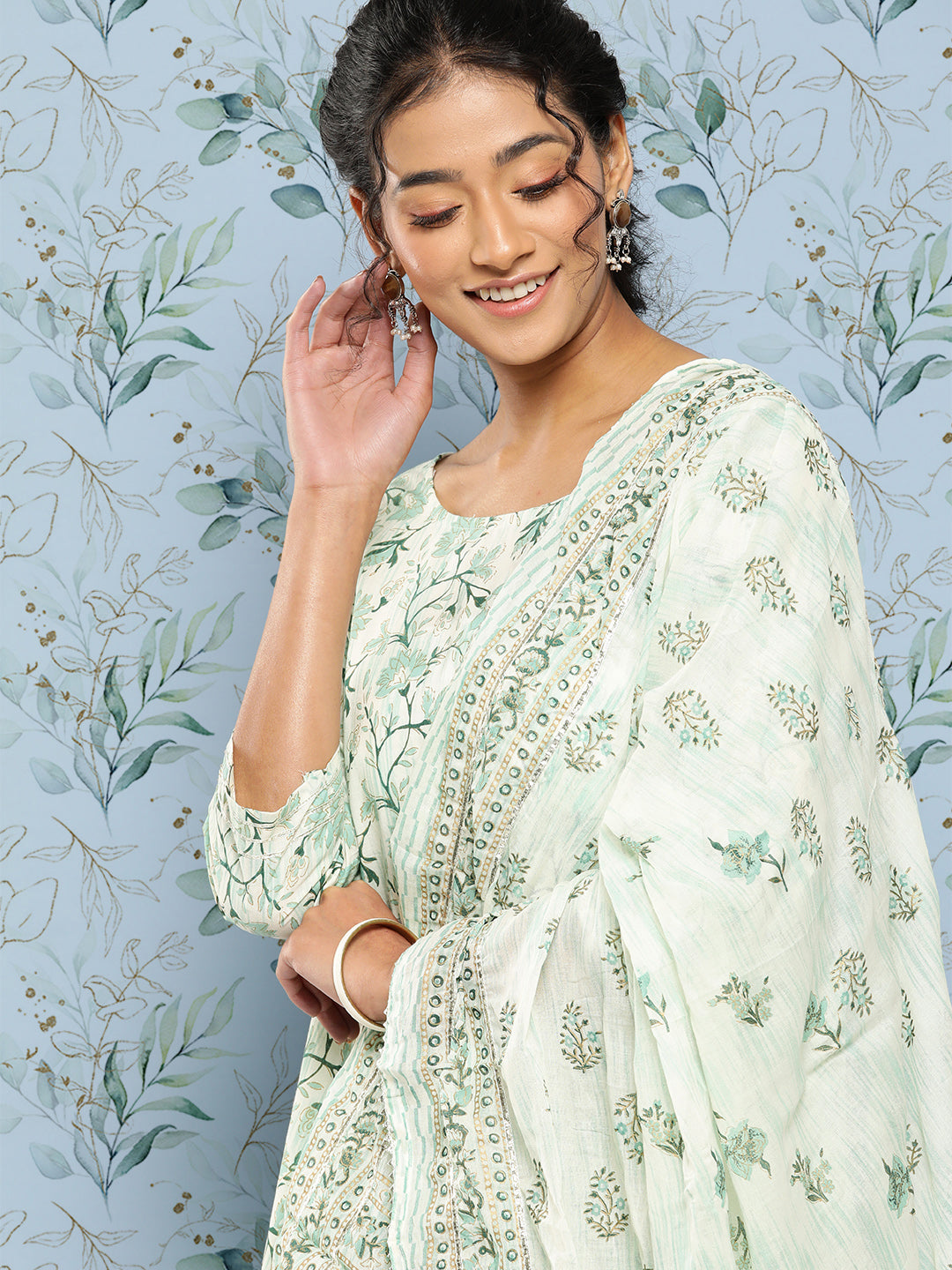 Green Printed Anarkali Kurta With Trouser And Dupatta