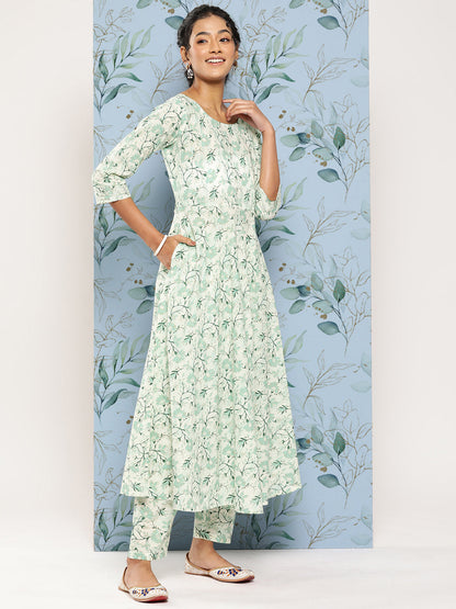 Green Printed Anarkali Kurta With Trouser And Dupatta