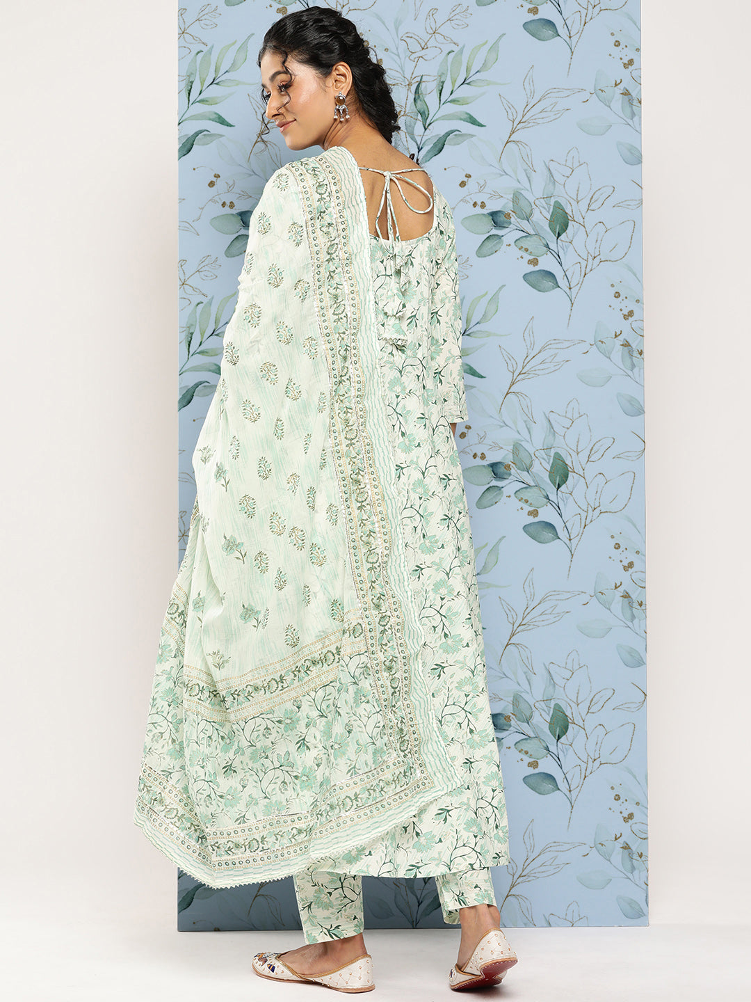 Green Printed Anarkali Kurta With Trouser And Dupatta
