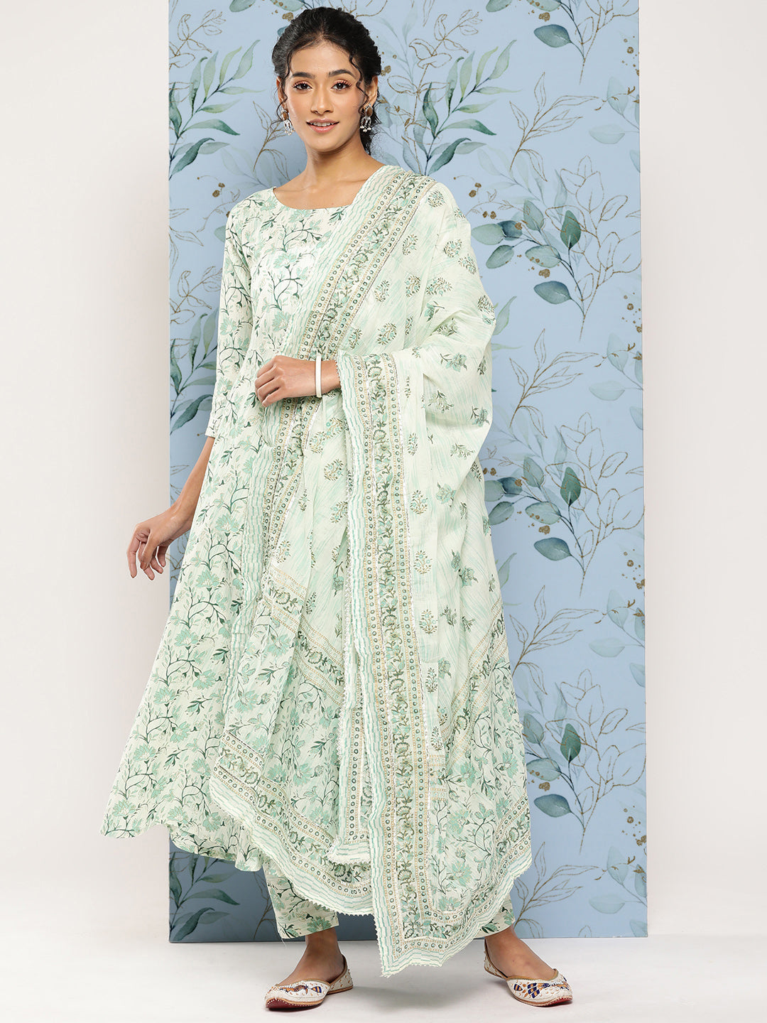 Green Printed Anarkali Kurta With Trouser And Dupatta