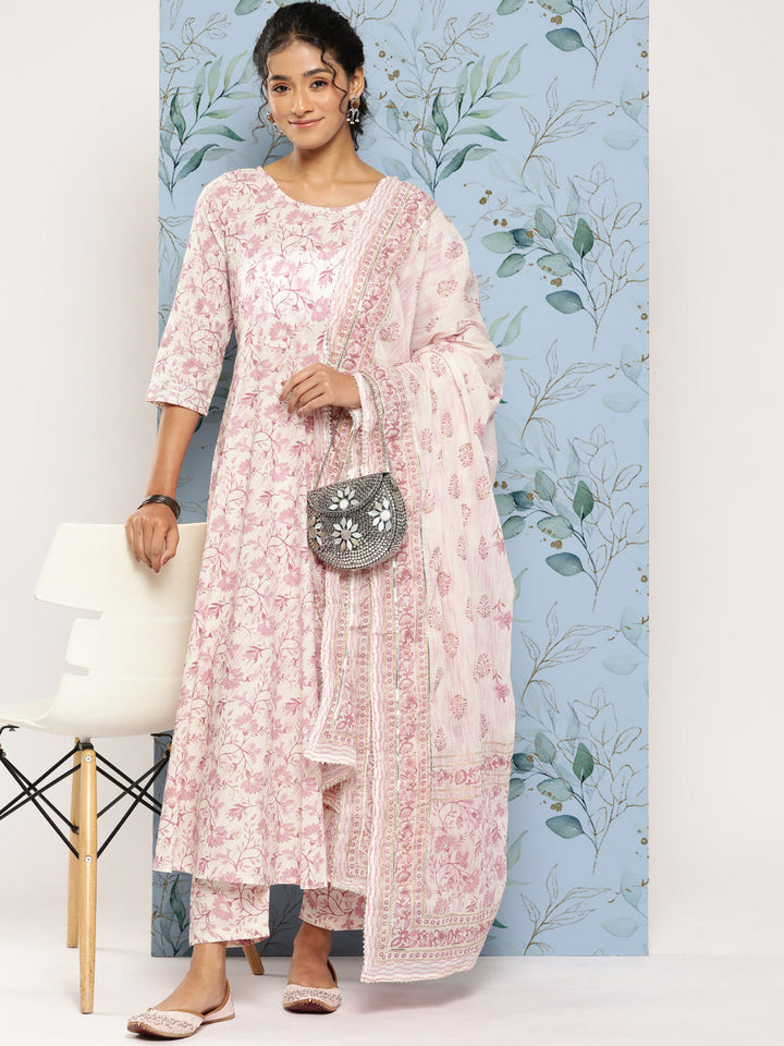 Off- White &amp; Pink Printed Anarkali Kurta With Trouser And Dupatta