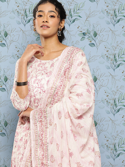 Off- White & Pink Printed Anarkali Kurta With Trouser And Dupatta