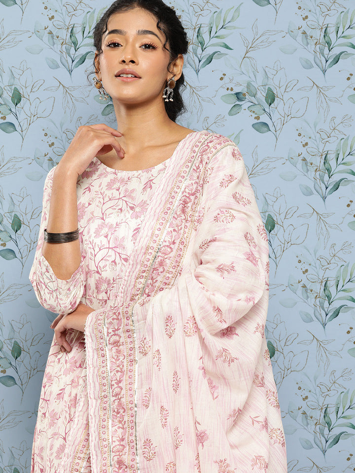 Off- White &amp; Pink Printed Anarkali Kurta With Trouser And Dupatta