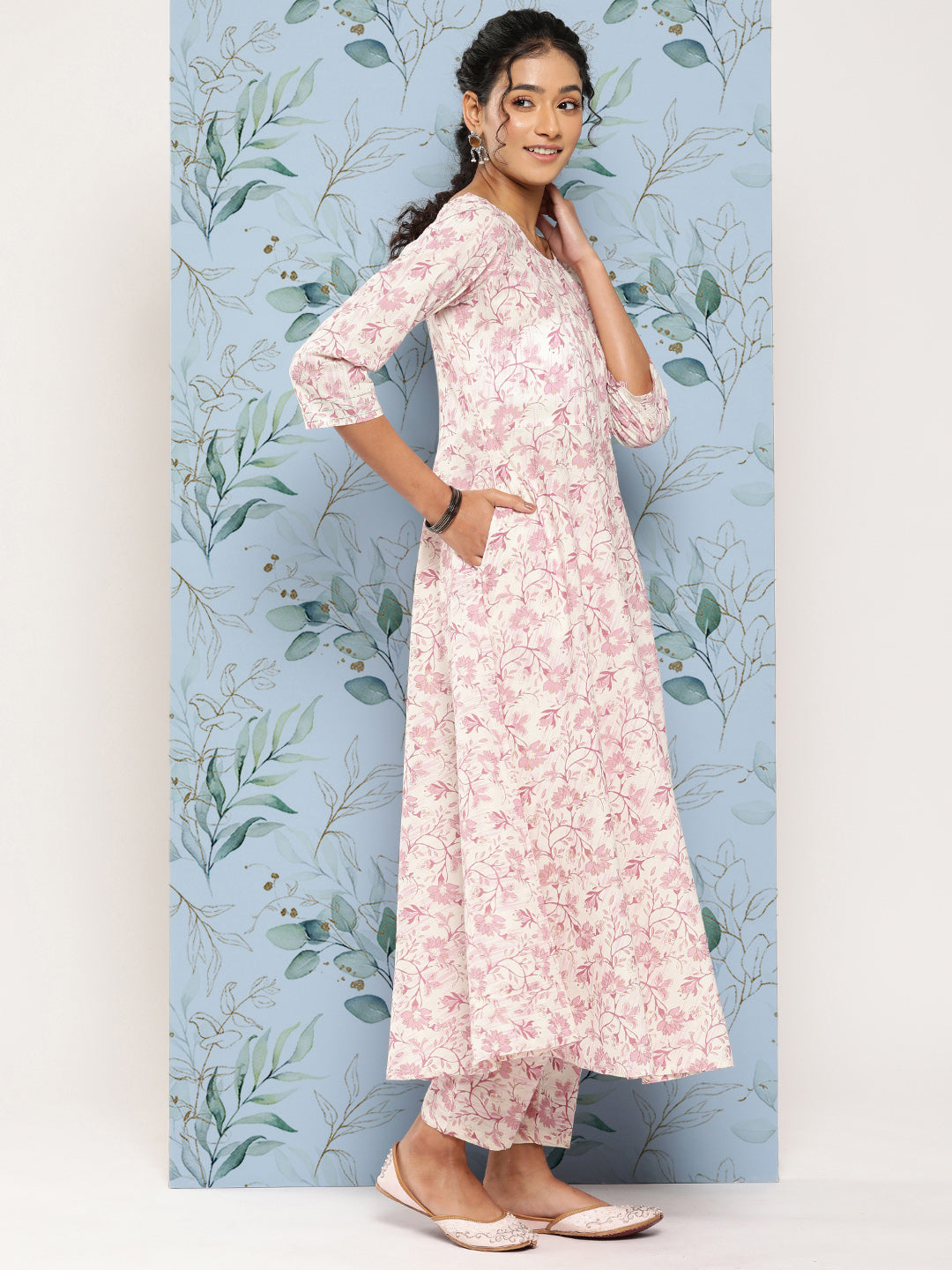 Off- White &amp; Pink Printed Anarkali Kurta With Trouser And Dupatta