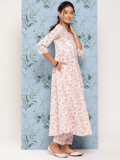 Off- White & Pink Printed Anarkali Kurta With Trouser And Dupatta