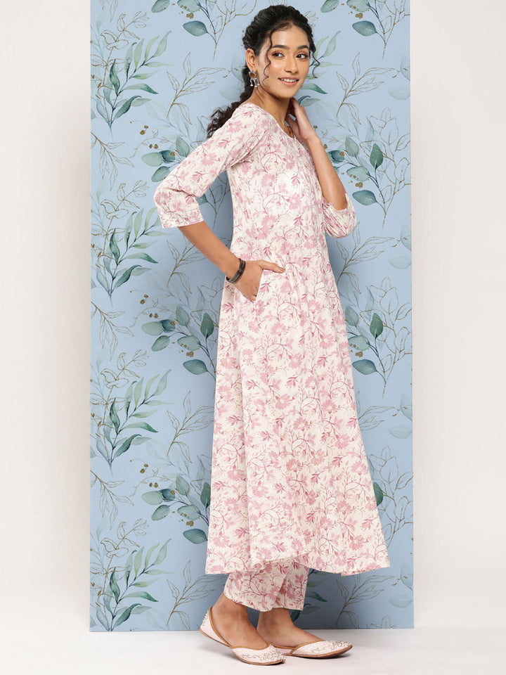 Off- White &amp; Pink Printed Anarkali Kurta With Trouser And Dupatta