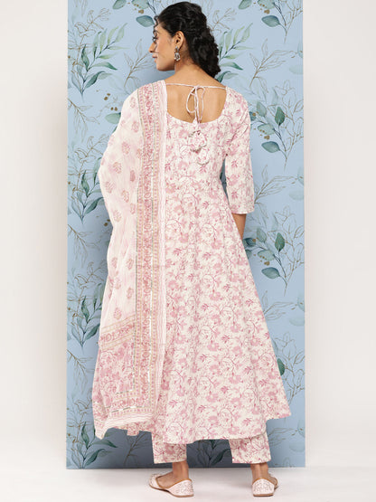Off- White & Pink Printed Anarkali Kurta With Trouser And Dupatta