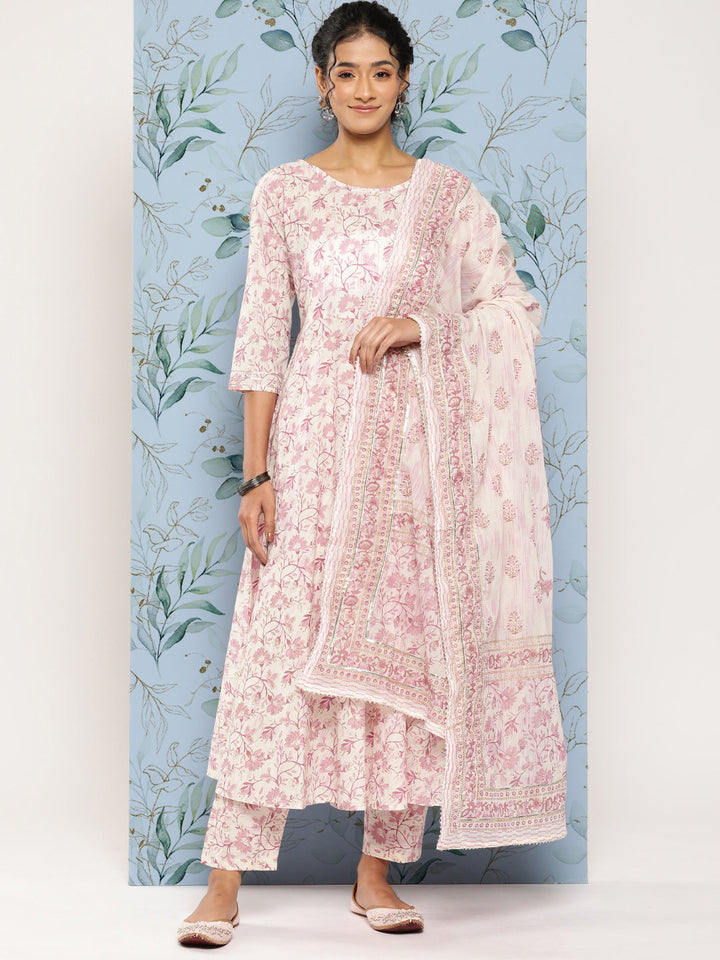 Off- White &amp; Pink Printed Anarkali Kurta With Trouser And Dupatta