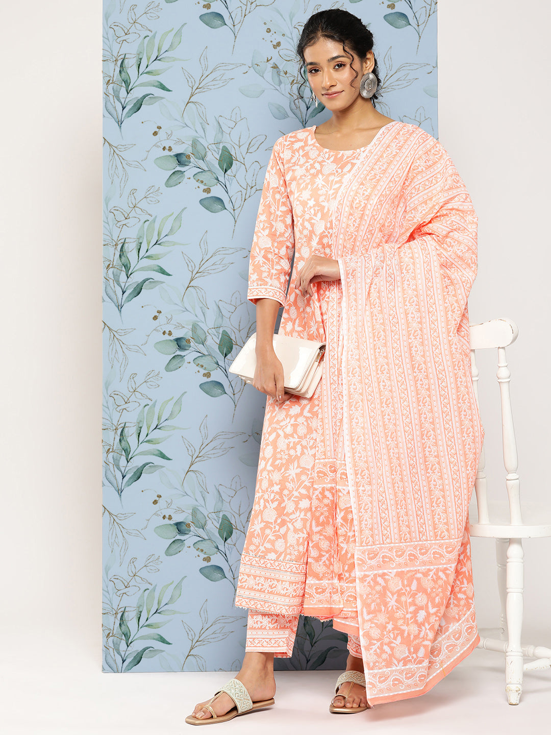 Peach Printed Anarkali Kurta With Trouser And Dupatta