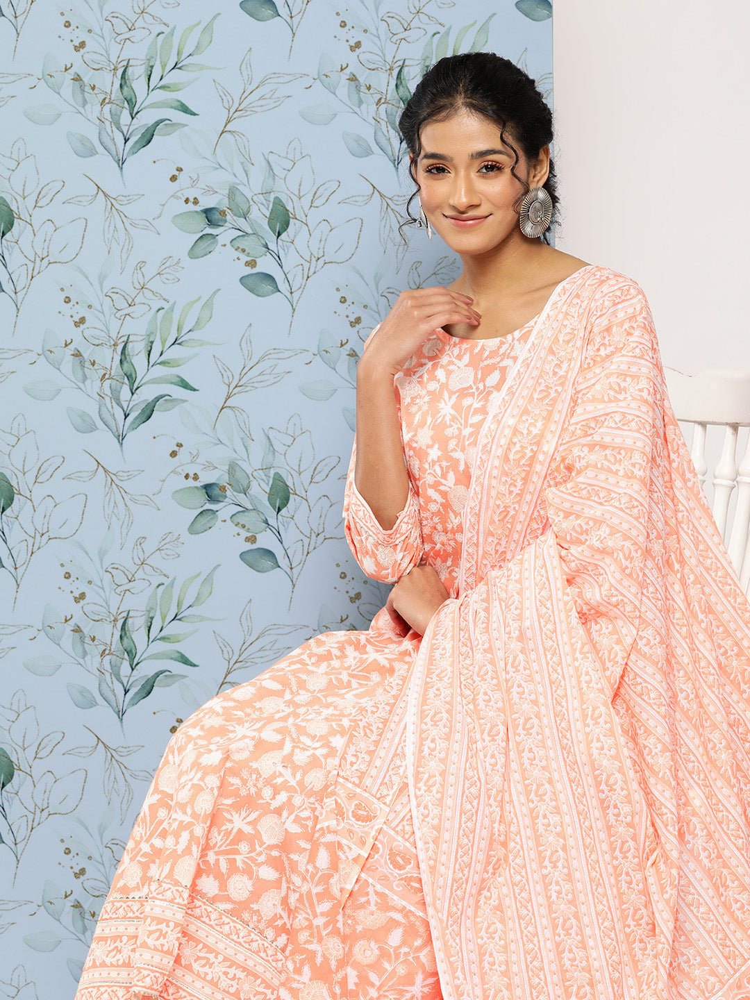 Peach Printed Anarkali Kurta With Trouser And Dupatta