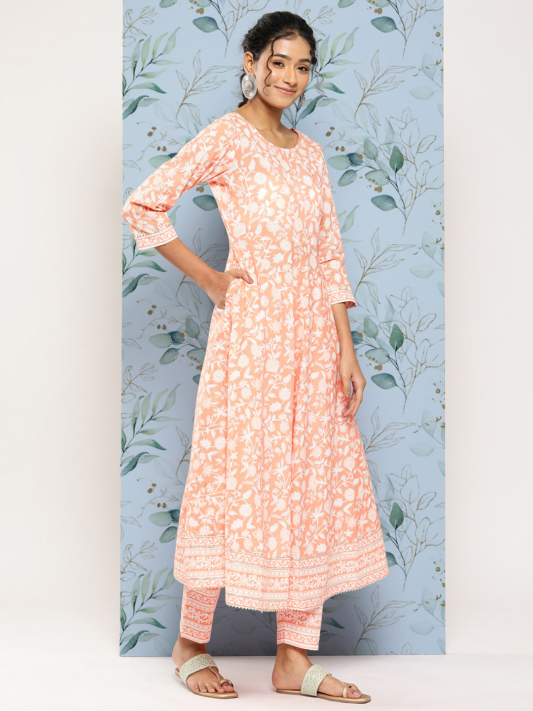 Peach Printed Anarkali Kurta With Trouser And Dupatta