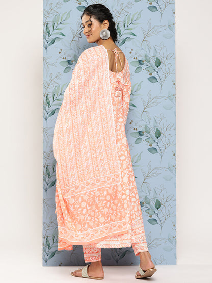 Peach Printed Anarkali Kurta With Trouser And Dupatta