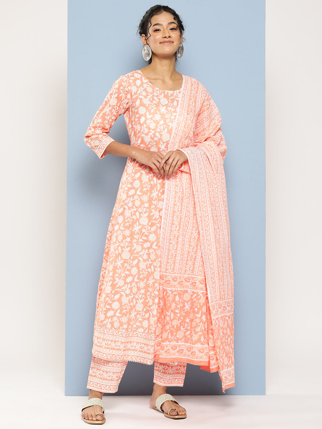 Peach Printed Anarkali Kurta With Trouser And Dupatta
