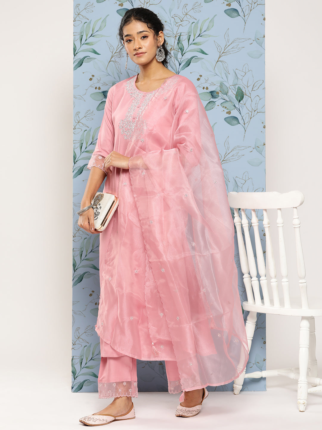Pink Embroidered Straight Kurta With Trouser And Dupatta