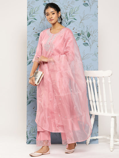 Pink Embroidered Straight Kurta With Trouser And Dupatta