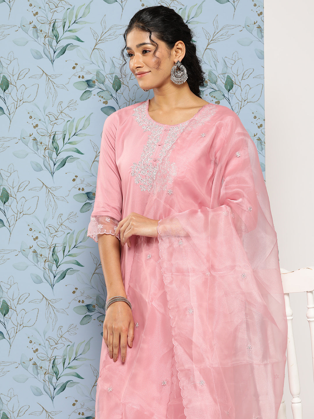 Pink Embroidered Straight Kurta With Trouser And Dupatta