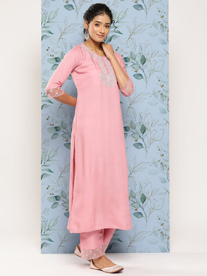 Pink Embroidered Straight Kurta With Trouser And Dupatta