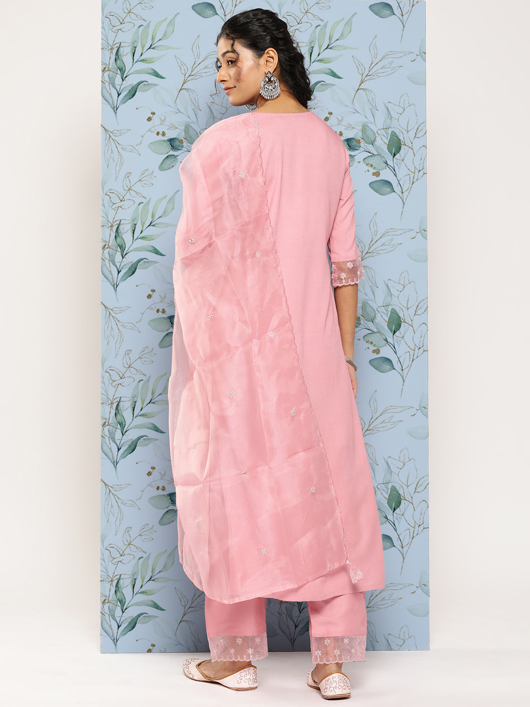Pink Embroidered Straight Kurta With Trouser And Dupatta