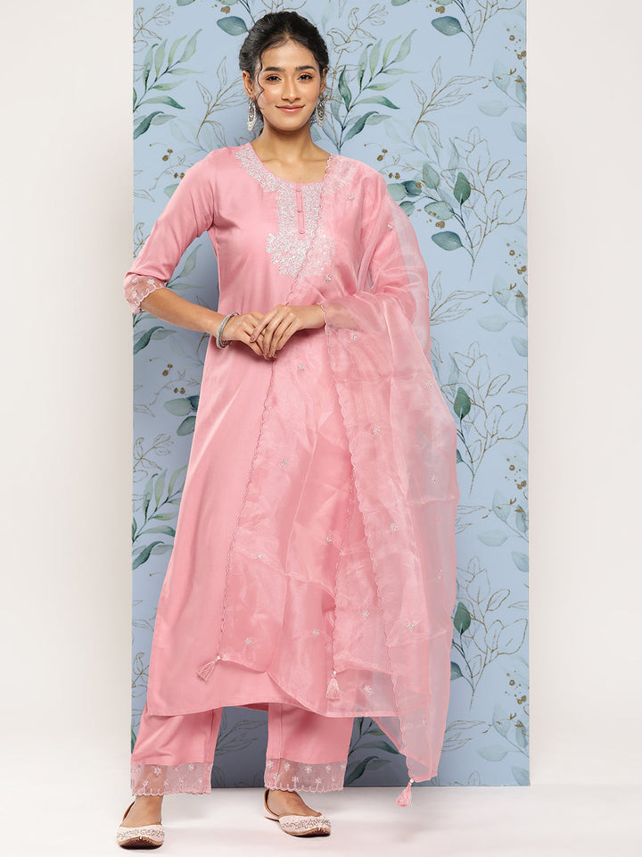Pink Embroidered Straight Kurta With Trouser And Dupatta