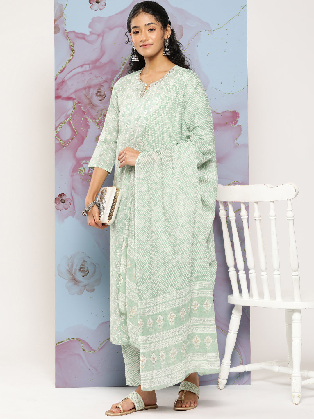 Green Ethnic Embroidered Kurta With Palazzo And Dupatta