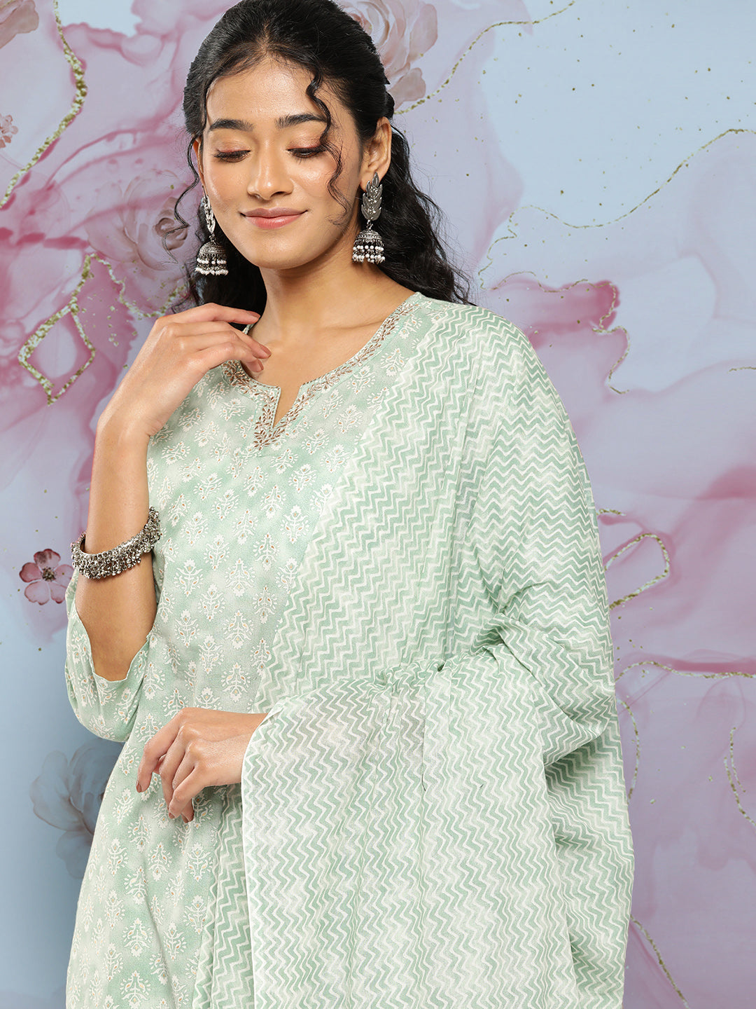 Green Ethnic Embroidered Kurta With Palazzo And Dupatta