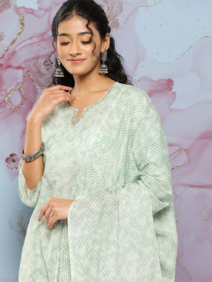 Green Ethnic Embroidered Kurta With Palazzo And Dupatta