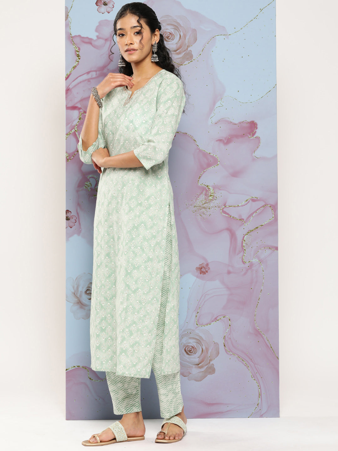 Green Ethnic Embroidered Kurta With Palazzo And Dupatta
