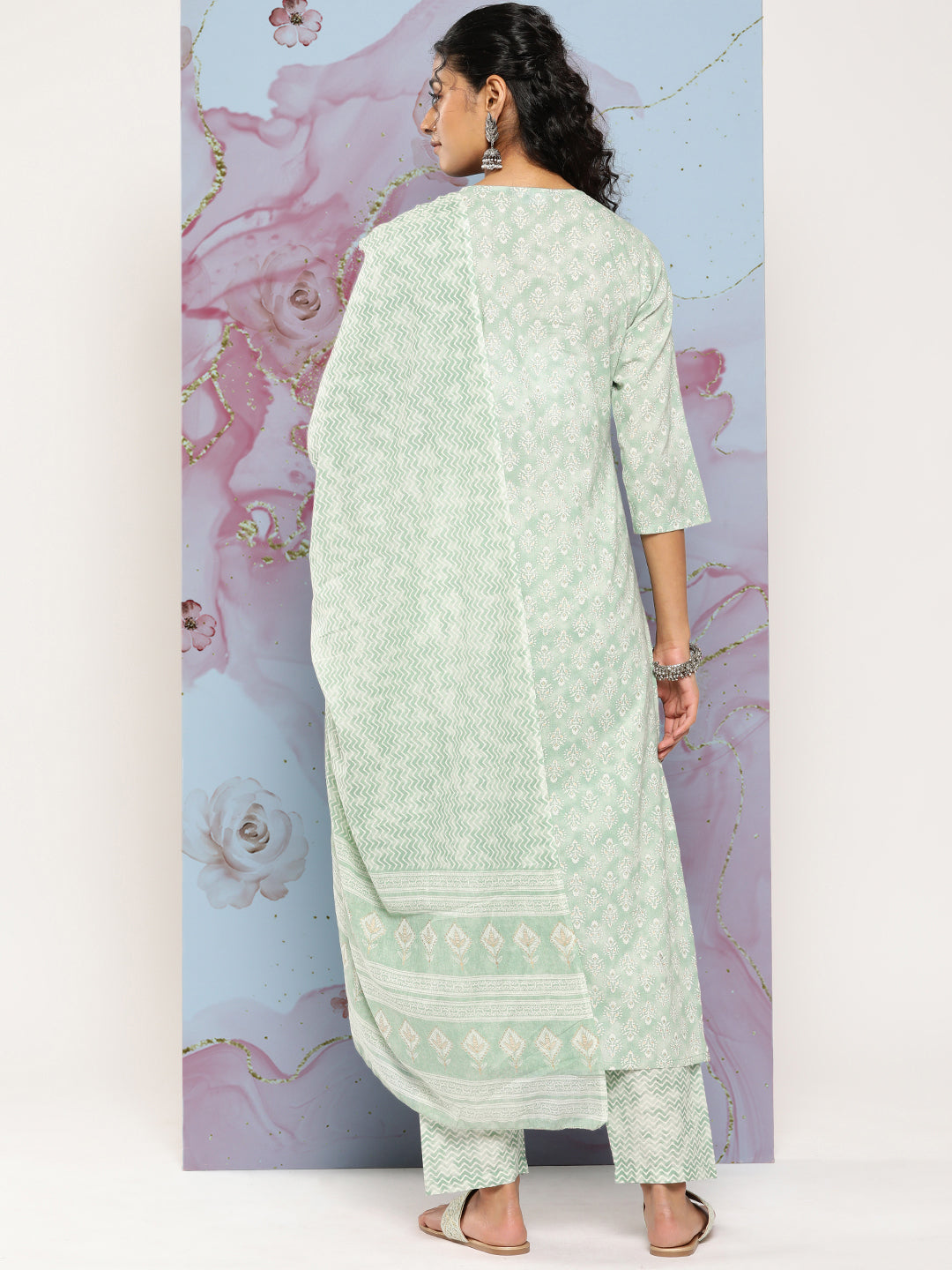 Green Ethnic Embroidered Kurta With Palazzo And Dupatta