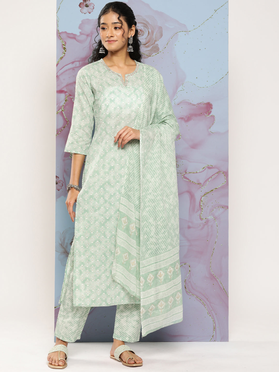 Green Ethnic Embroidered Kurta With Palazzo And Dupatta