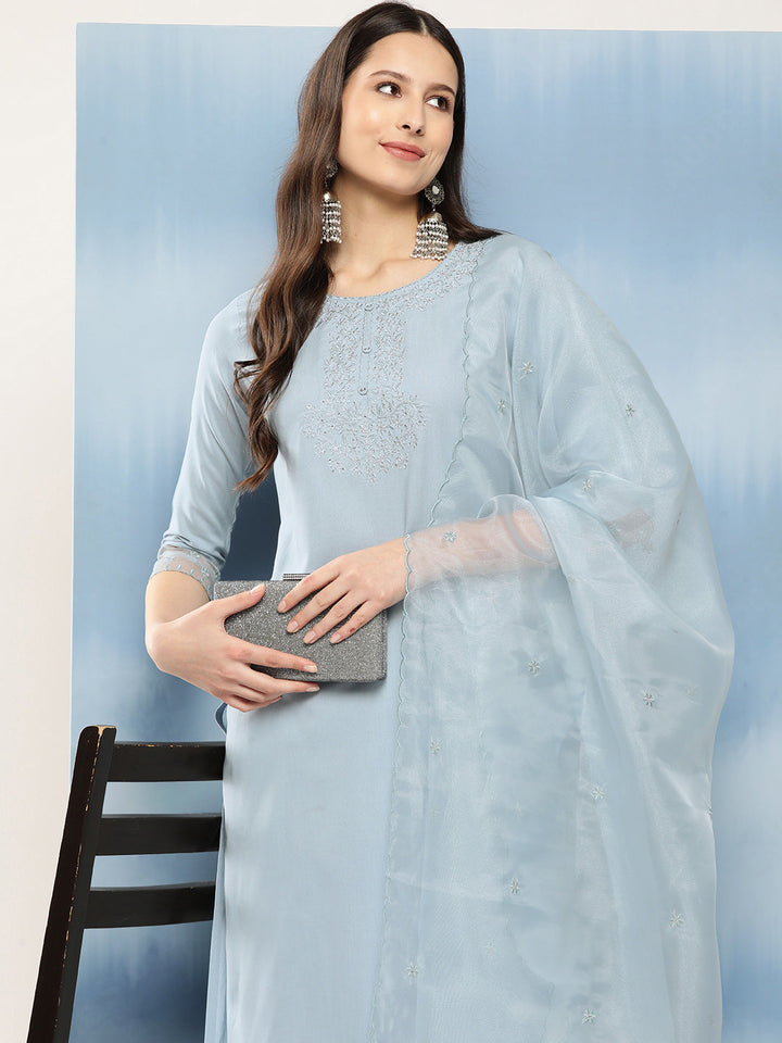Carolina Blue Embroidered Kurta With Trouser &amp; With Organza Dupatta