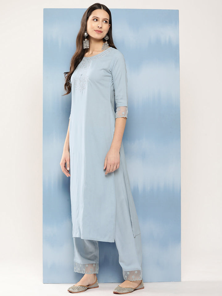 Carolina Blue Embroidered Kurta With Trouser &amp; With Organza Dupatta