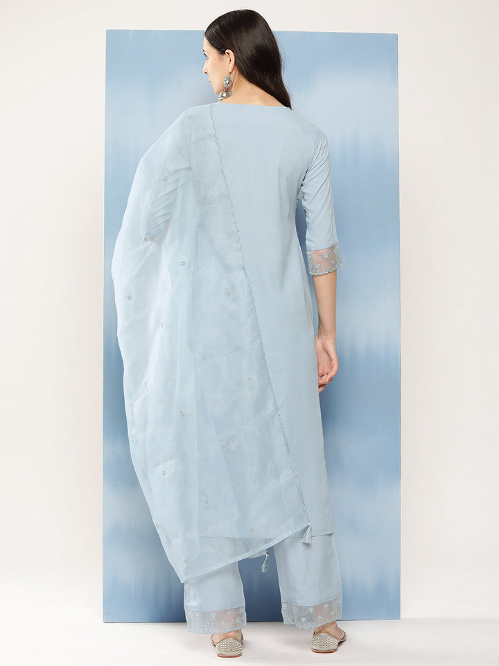 Carolina Blue Embroidered Kurta With Trouser &amp; With Organza Dupatta