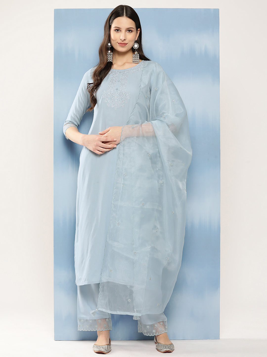 Carolina Blue Embroidered Kurta With Trouser &amp; With Organza Dupatta
