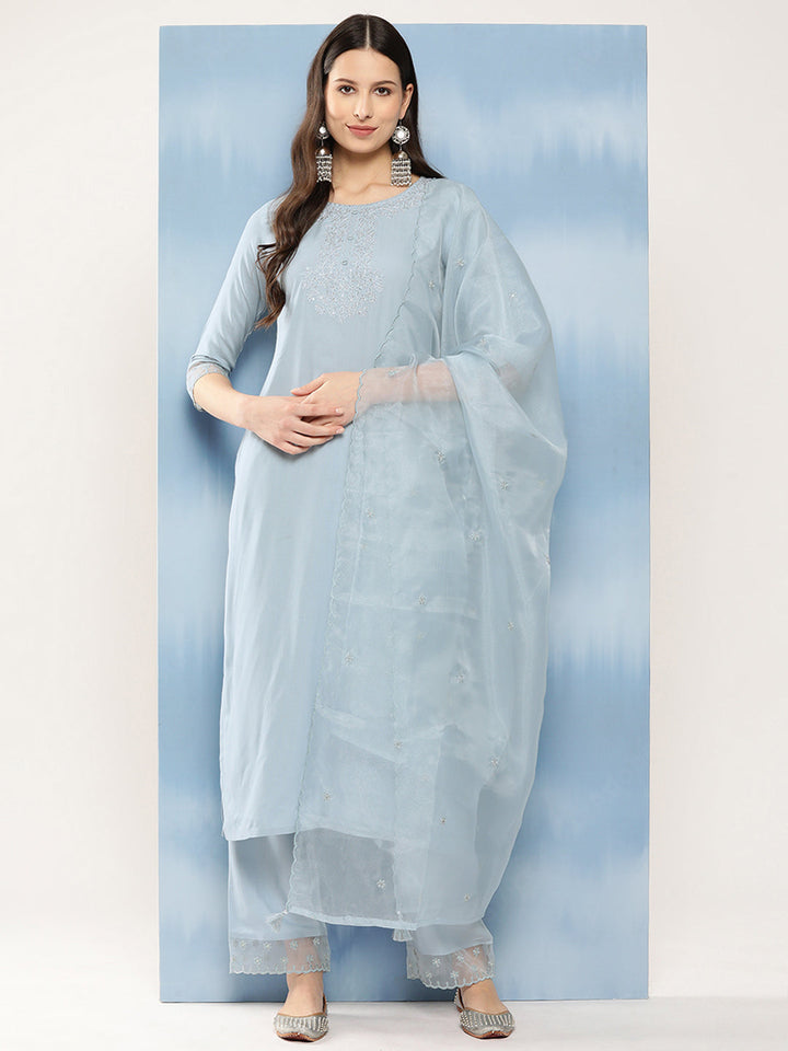 Carolina Blue Embroidered Kurta With Trouser &amp; With Organza Dupatta