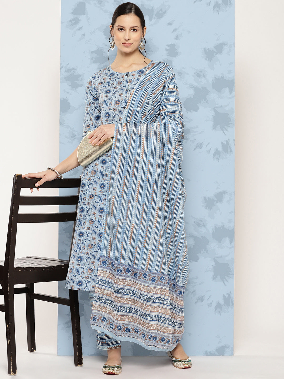 Blue Floral Printed A-Line Kurta With Palazzo And Dupatta