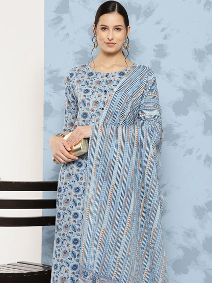Blue Floral Printed A-Line Kurta With Palazzo And Dupatta
