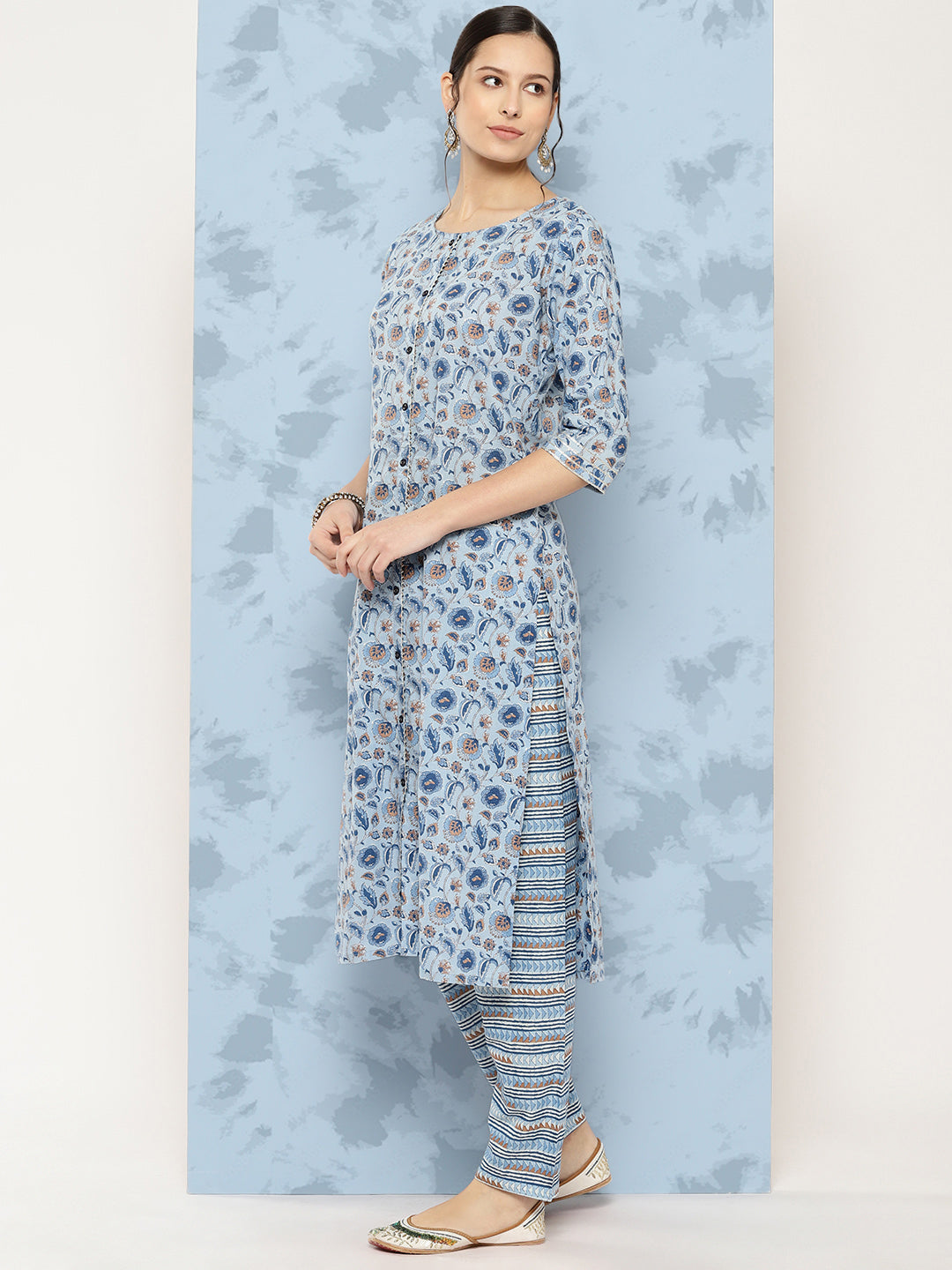 Blue Floral Printed A-Line Kurta With Palazzo And Dupatta