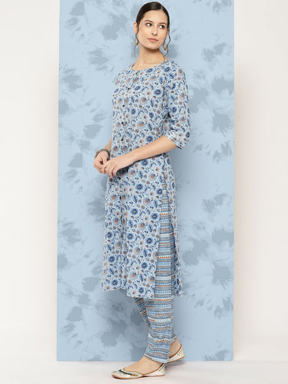 Blue Floral Printed A-Line Kurta With Palazzo And Dupatta