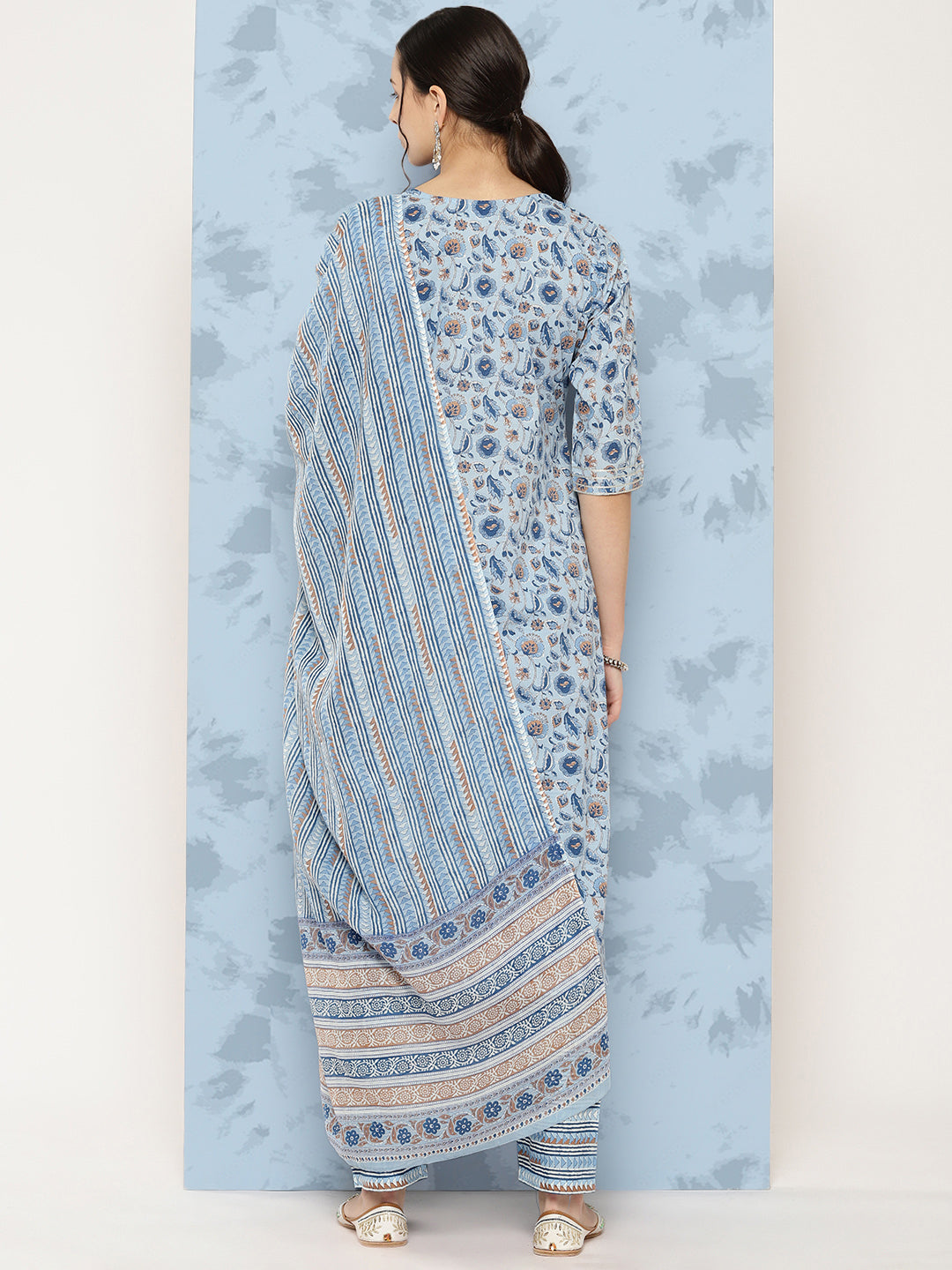 Blue Floral Printed A-Line Kurta With Palazzo And Dupatta