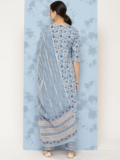 Blue Floral Printed A-Line Kurta With Palazzo And Dupatta