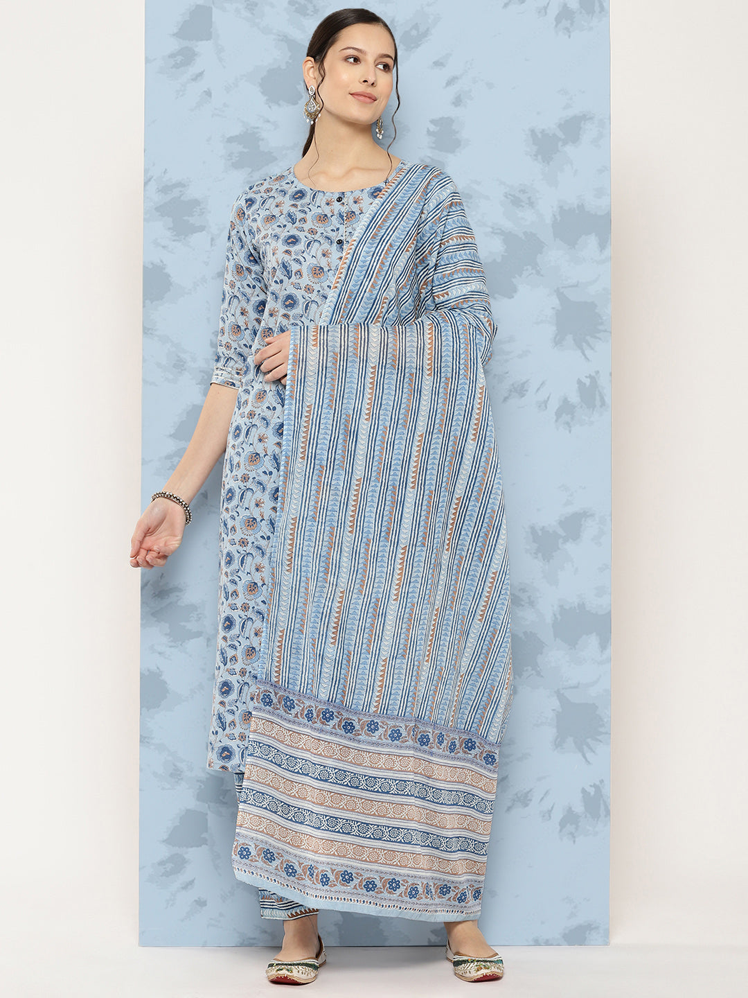 Blue Floral Printed A-Line Kurta With Palazzo And Dupatta