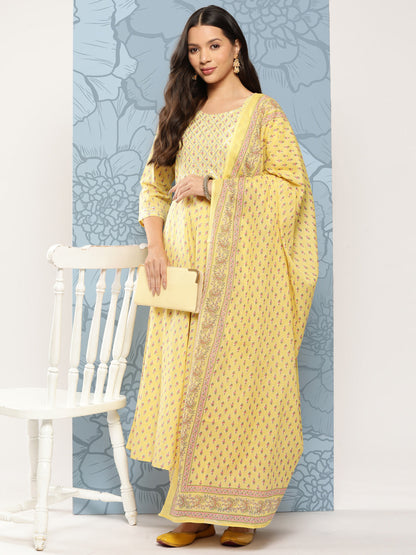 Yellow Ethnic Printed Anarkali Kurta With Trouser And Dupatta