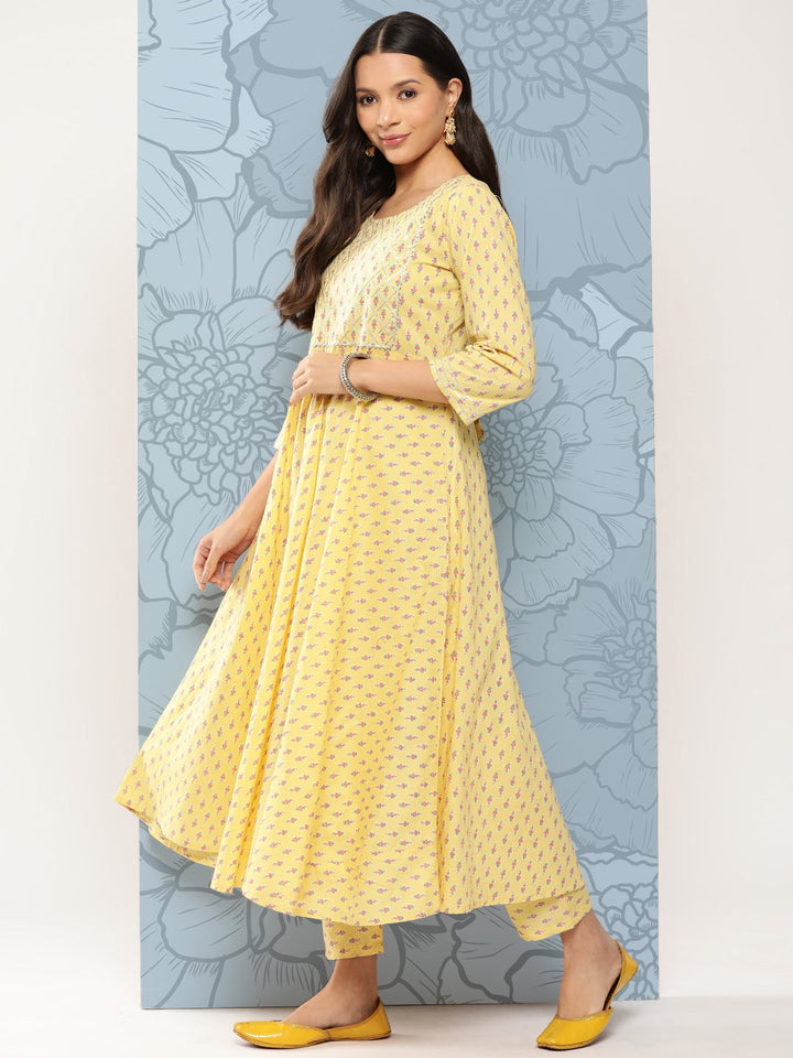 Yellow Ethnic Printed Anarkali Kurta With Trouser And Dupatta